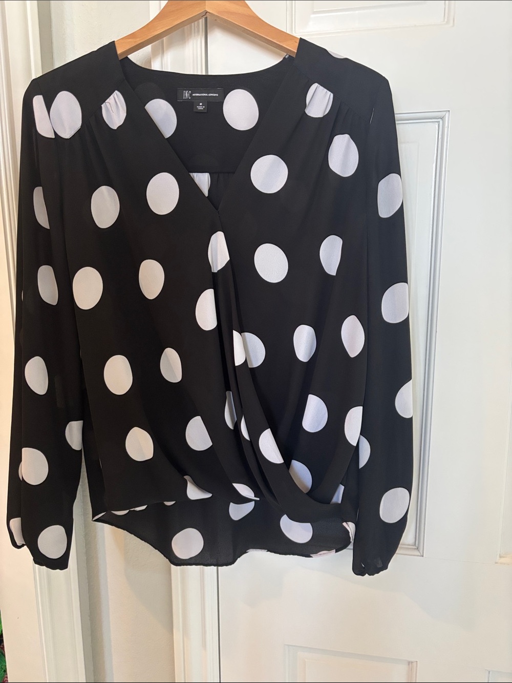 INC International Concepts Black and White Polka Dot Wrap Blouse